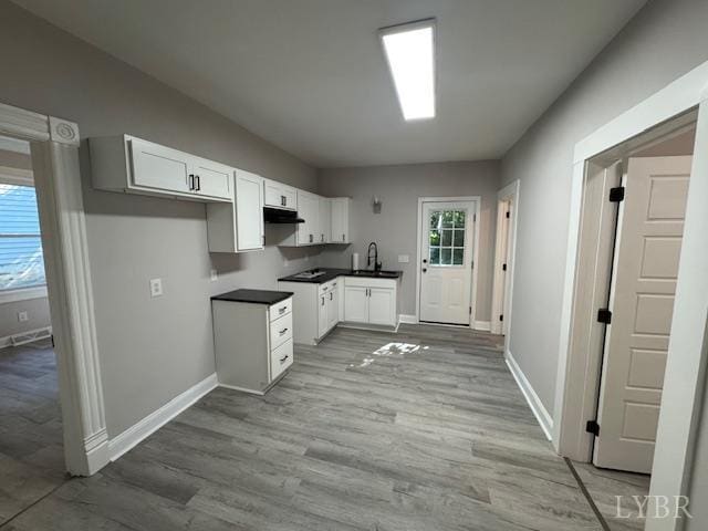 2562 Carter St, Lynchburg, VA 24501 - kitchen featuring under cabinet range hood, light wood-style flooring, dark countertops, and white cabinetry