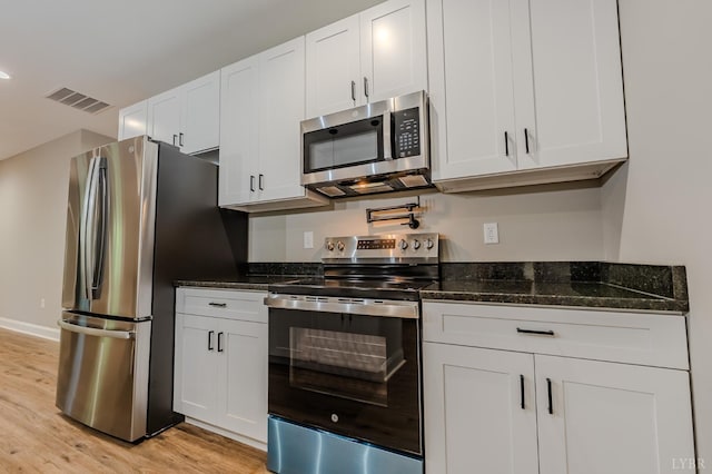109 Tosh Ln, Goodview, VA 24095 - kitchen with appliances with stainless steel finishes, light wood-type flooring, white cabinets, and dark stone countertops