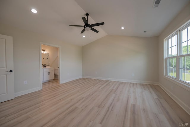 1016 Misty Mountain Rd, Lynchburg, VA 24502 - unfurnished bedroom featuring light wood-style floors, recessed lighting, lofted ceiling, connected bathroom, and ceiling fan
