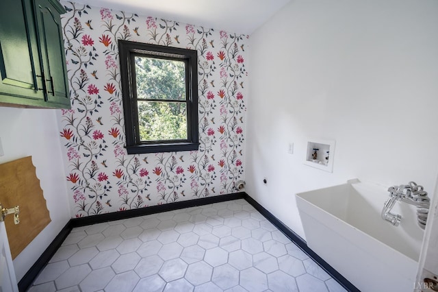 104 Overlink Ct, Lynchburg, VA 24503 - laundry area with cabinet space, washer hookup, wallpapered walls, and hookup for an electric dryer