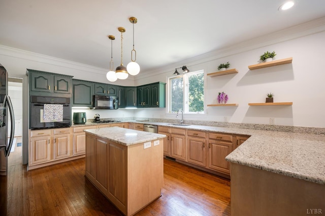 104 Overlink Ct, Lynchburg, VA 24503 - kitchen featuring black appliances, ornamental molding, open shelves, light stone counters, and hanging light fixtures