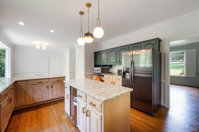 104 Overlink Ct, Lynchburg, VA 24503 - kitchen with stainless steel refrigerator with ice dispenser, crown molding, light wood-type flooring, light stone countertops, and a kitchen island