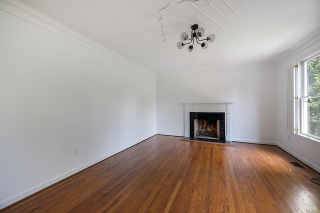 104 Overlink Ct, Lynchburg, VA 24503 - unfurnished living room featuring a fireplace with flush hearth, ornamental molding, wood finished floors, and a chandelier