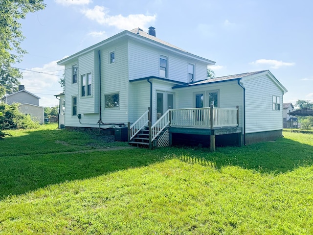110 3rd St, Madison Heights, VA 24572 - rear view of house with a wooden deck, a lawn, a chimney, and french doors