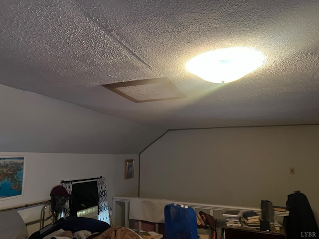 3200 Pocket Rd, Hurt, VA 24563 - bedroom featuring lofted ceiling, a textured ceiling, and attic access