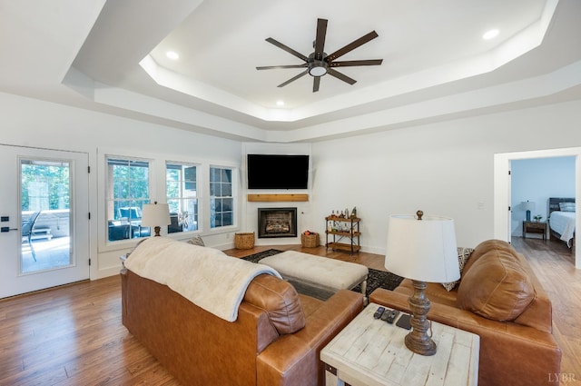 336 Somerset Dr, Appomattox, VA 24522 - living room featuring a raised ceiling, ceiling fan, wood finished floors, recessed lighting, and a fireplace