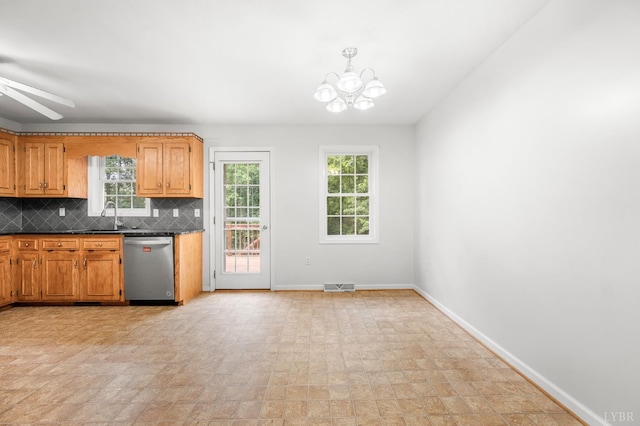1279 Buck Creek Rd, Appomattox, VA 24522 - kitchen featuring dishwasher, dark countertops, tasteful backsplash, a chandelier, and a ceiling fan