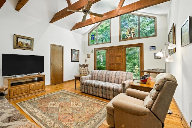 239 Briarcliff Ln, Madison Heights, VA 24572 - living area featuring high vaulted ceiling, beam ceiling, light wood-type flooring, and ceiling fan