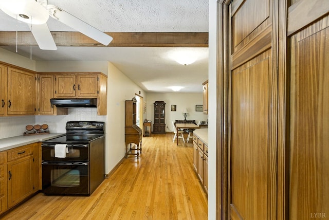 239 Briarcliff Ln, Madison Heights, VA 24572 - kitchen with double oven range, under cabinet range hood, backsplash, light countertops, and light wood-style flooring