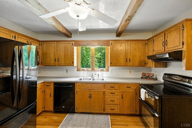 239 Briarcliff Ln, Madison Heights, VA 24572 - kitchen featuring black appliances, under cabinet range hood, beamed ceiling, light wood finished floors, and backsplash