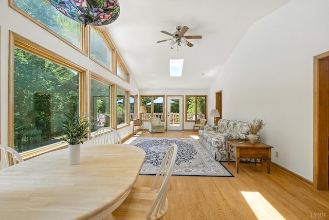 239 Briarcliff Ln, Madison Heights, VA 24572 - sunroom featuring high vaulted ceiling, a skylight, wood finished floors, and a wooden deck