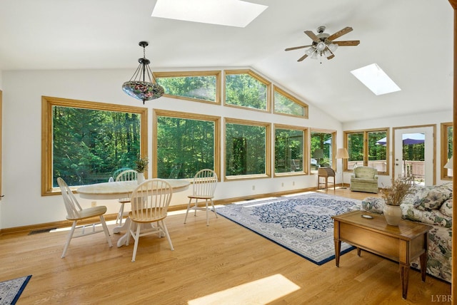 239 Briarcliff Ln, Madison Heights, VA 24572 - living room with a skylight, a ceiling fan, lofted ceiling, and light wood-style flooring