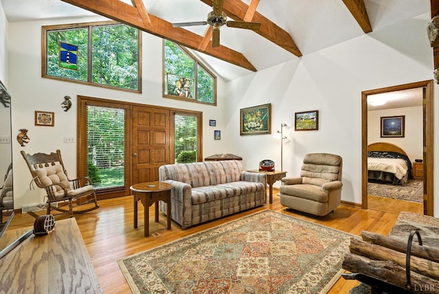 239 Briarcliff Ln, Madison Heights, VA 24572 - living room with light wood finished floors, high vaulted ceiling, beamed ceiling, and ceiling fan