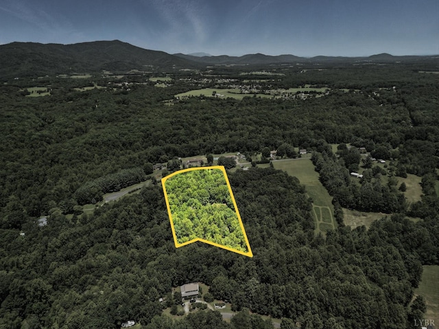 239 Briarcliff Ln, Madison Heights, VA 24572 - aerial overview of property's location featuring property parcel outlined and a mountain backdrop