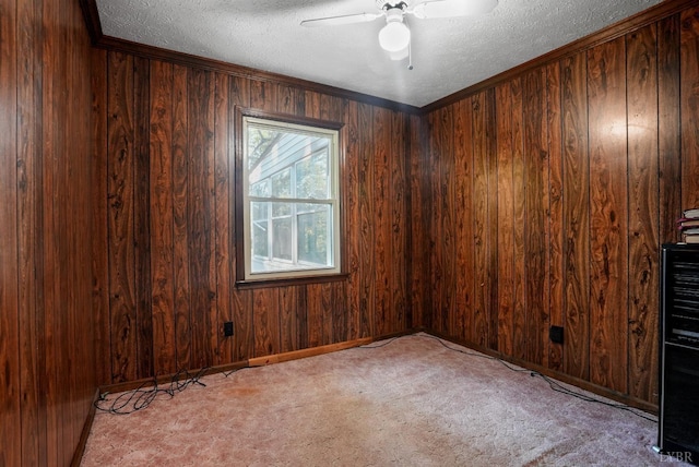 2294 High Peak Rd, Monroe, VA 24574 - spare room with a textured ceiling, ceiling fan, light colored carpet, and wood walls