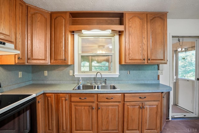 2294 High Peak Rd, Monroe, VA 24574 - kitchen featuring range with electric stovetop, under cabinet range hood, brown cabinets, light countertops, and a textured ceiling