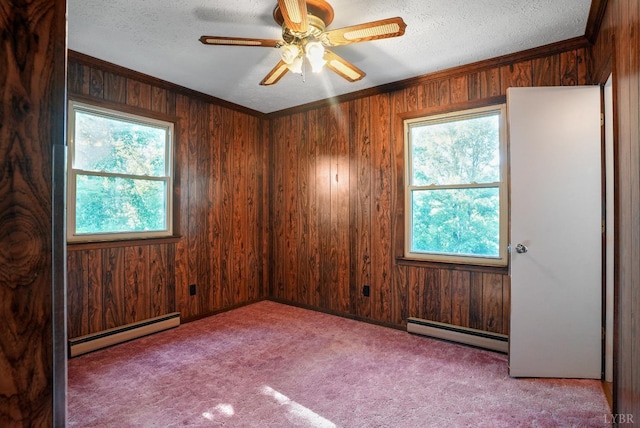 2294 High Peak Rd, Monroe, VA 24574 - carpeted spare room featuring a baseboard radiator, wood walls, a textured ceiling, and ceiling fan