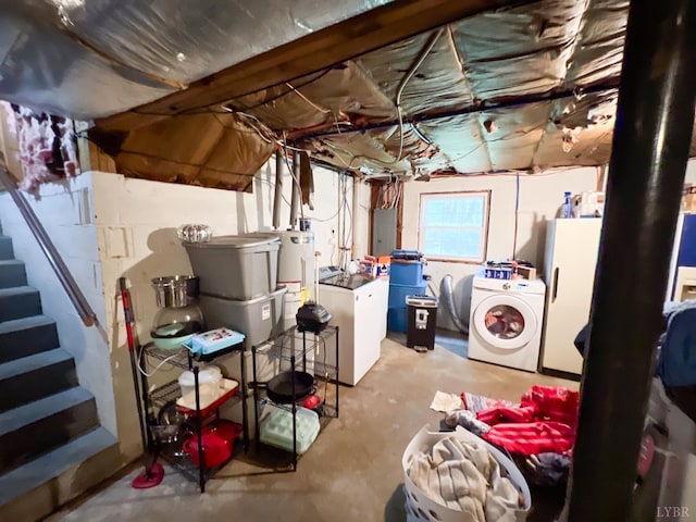 68 Cardwell Ln, Lynchburg, VA 24504 - below grade area featuring washer and clothes dryer, freestanding refrigerator, water heater, stairway, and electric panel