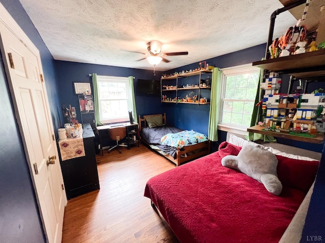 68 Cardwell Ln, Lynchburg, VA 24504 - bedroom featuring multiple windows, wood finished floors, a textured ceiling, and ceiling fan
