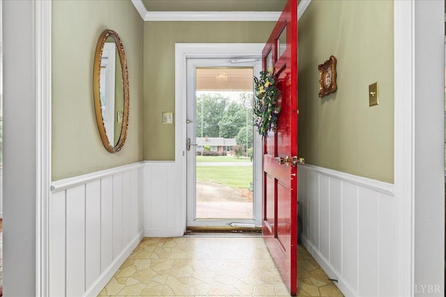 126 Arrowhead, Lynchburg, VA 24502 - doorway to outside featuring wainscoting, a decorative wall, and crown molding