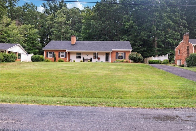 126 Arrowhead, Lynchburg, VA 24502 - ranch-style house featuring a chimney, a porch, brick siding, and asphalt driveway
