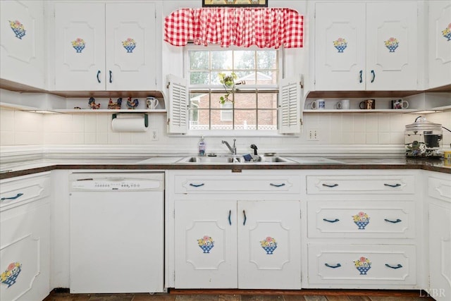 126 Arrowhead, Lynchburg, VA 24502 - kitchen featuring dishwasher, open shelves, backsplash, and white cabinetry