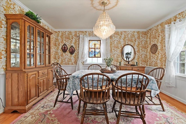 126 Arrowhead, Lynchburg, VA 24502 - dining room featuring wallpapered walls, light wood-style floors, wainscoting, a chandelier, and ornamental molding