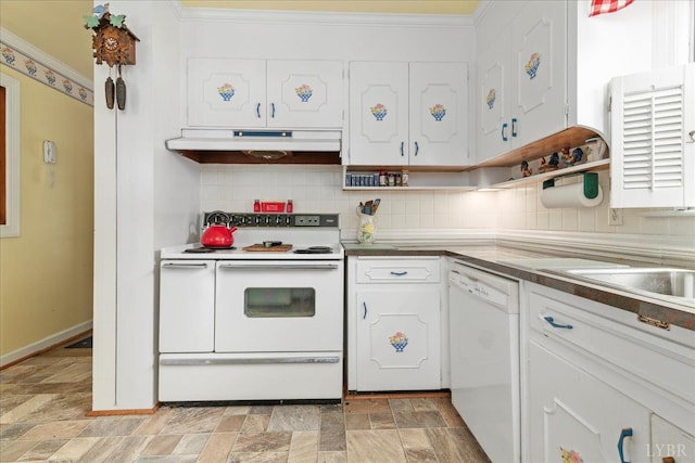 126 Arrowhead, Lynchburg, VA 24502 - kitchen with white appliances, under cabinet range hood, stone finish floors, crown molding, and decorative backsplash