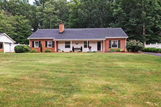 126 Arrowhead, Lynchburg, VA 24502 - ranch-style house featuring a chimney, covered porch, and brick siding