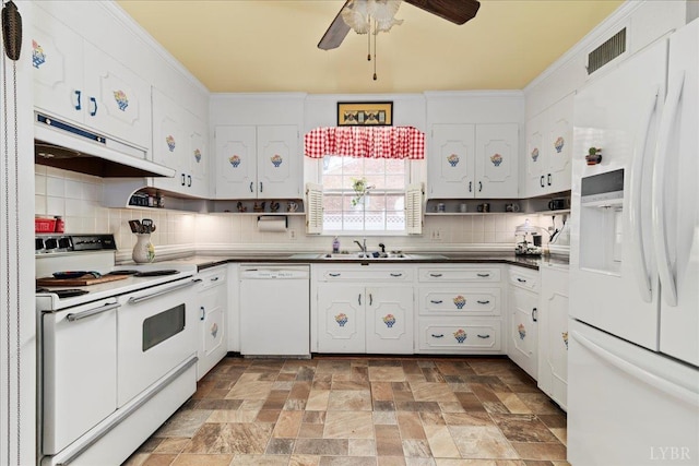 126 Arrowhead, Lynchburg, VA 24502 - kitchen with white appliances, under cabinet range hood, light stone finish flooring, tasteful backsplash, and a ceiling fan