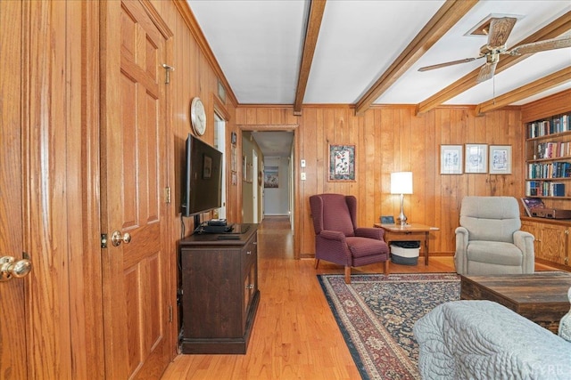 126 Arrowhead, Lynchburg, VA 24502 - home office with beam ceiling, ceiling fan, light wood-style flooring, and wood walls