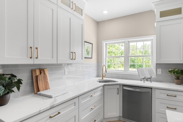 1505 Chestnut Grove Rd, Appomattox, VA 24522 - kitchen featuring dishwasher, backsplash, glass insert cabinets, and white cabinetry