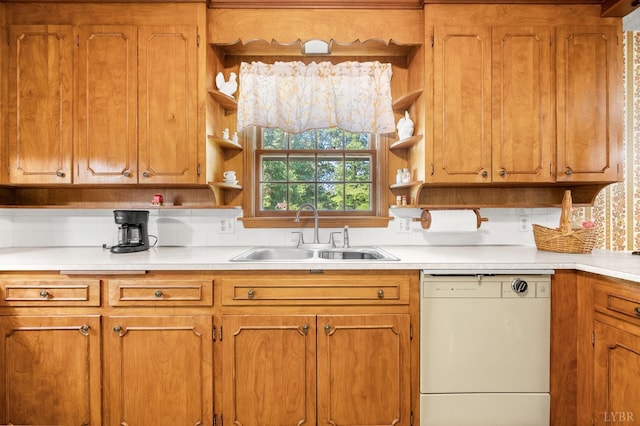 201 Windsor Rd, Lynchburg, VA 24502 - kitchen with white dishwasher, open shelves, light countertops, and brown cabinetry