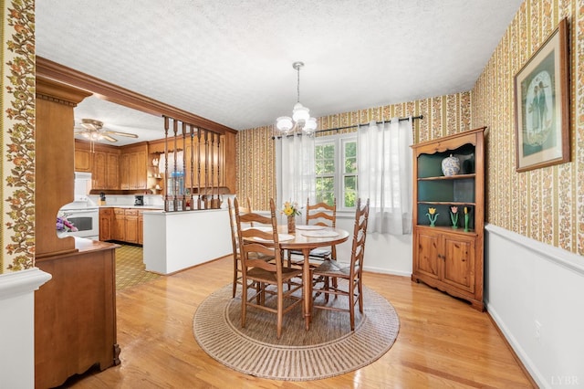 201 Windsor Rd, Lynchburg, VA 24502 - dining area with wallpapered walls, a textured ceiling, a chandelier, light wood-style floors, and a ceiling fan