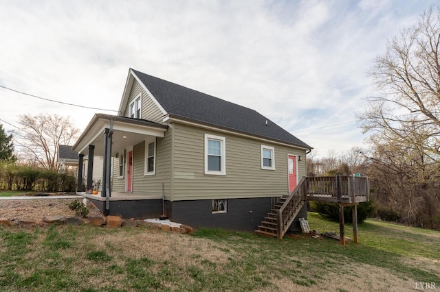 3040 Forest Hills Cir, Lynchburg, VA 24501 - view of side of property with stairs, a yard, a shingled roof, a wooden deck, and covered porch