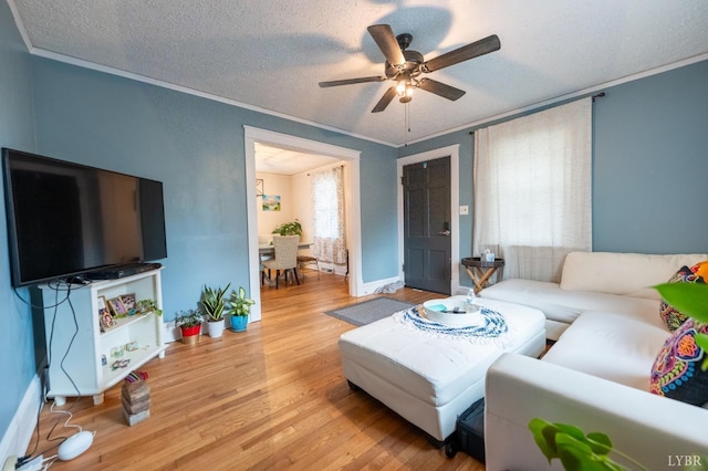 3040 Forest Hills Cir, Lynchburg, VA 24501 - living room featuring wood finished floors, a ceiling fan, crown molding, and a textured ceiling