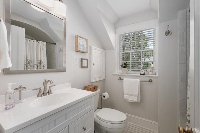 1517 Linden Ave, Lynchburg, VA 24503 - bathroom with lofted ceiling, vanity, and a shower with shower curtain
