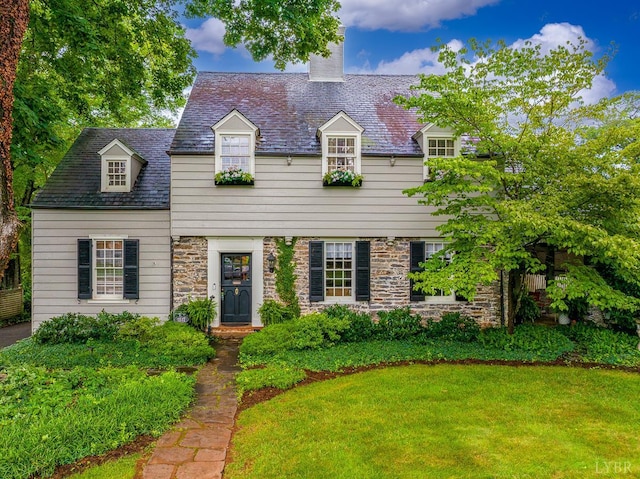 1517 Linden Ave, Lynchburg, VA 24503 - view of front of property featuring a chimney, a front lawn, a high end roof, and stone siding