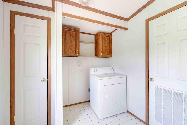7026 Midway Rd, Phenix, VA 23959 - laundry room featuring washer / dryer, light floors, cabinet space, and crown molding