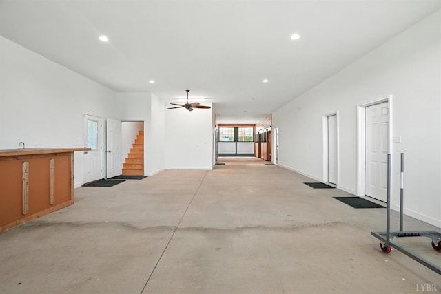 1433 Piney Mountain Rd, Appomattox, VA 24522 - unfurnished living room with concrete floors, recessed lighting, stairs, and ceiling fan