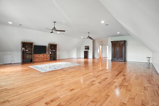 1433 Piney Mountain Rd, Appomattox, VA 24522 - unfurnished living room featuring vaulted ceiling, light wood finished floors, a ceiling fan, and recessed lighting