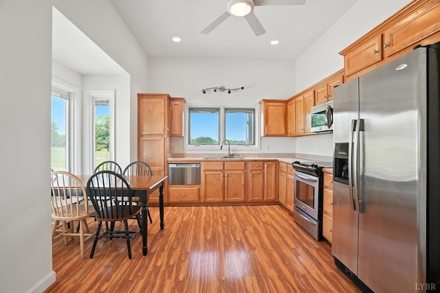 1433 Piney Mountain Rd, Appomattox, VA 24522 - kitchen featuring appliances with stainless steel finishes, light wood-type flooring, light countertops, a ceiling fan, and recessed lighting