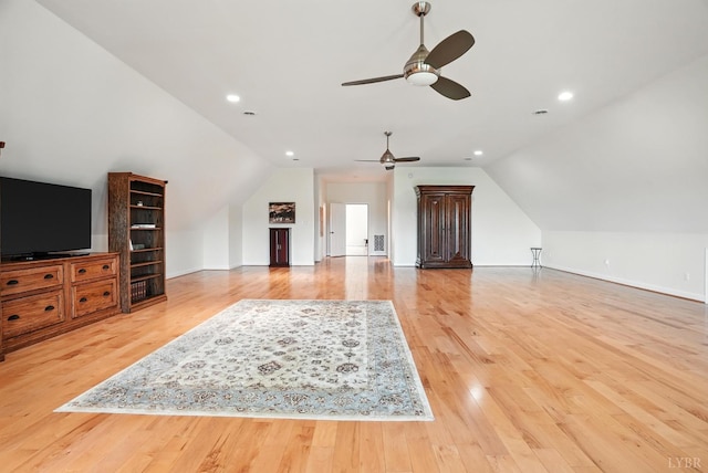 1433 Piney Mountain Rd, Appomattox, VA 24522 - unfurnished living room with vaulted ceiling, a ceiling fan, light wood-type flooring, and recessed lighting
