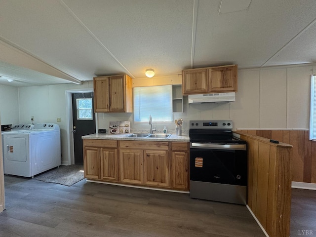 3687 Old Grist Mill Rd, Appomattox, VA 24522 - kitchen with stainless steel electric range oven, independent washer and dryer, under cabinet range hood, dark wood-style floors, and light countertops