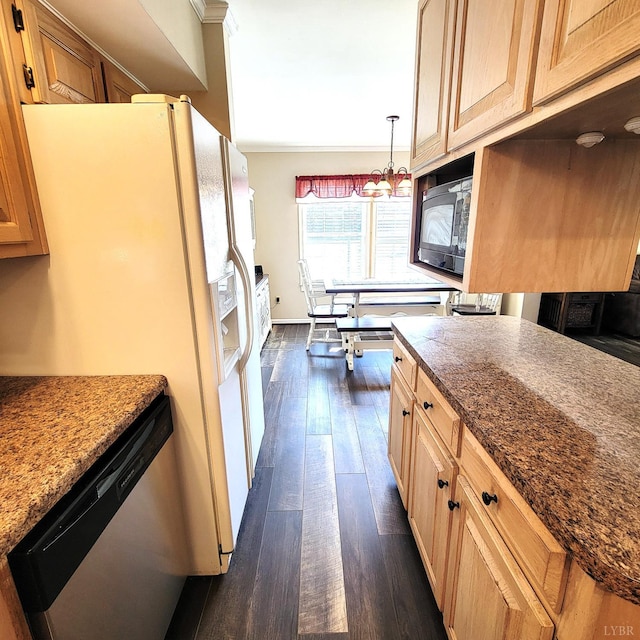 509 Meadowbrook Ln, Rustburg, VA 24588 - kitchen with black microwave, white refrigerator with ice dispenser, dark wood-type flooring, stainless steel dishwasher, and light brown cabinetry