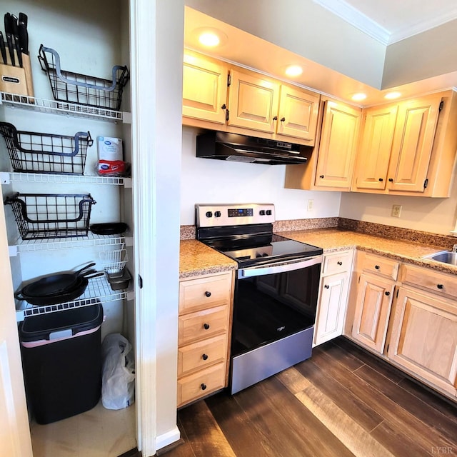 509 Meadowbrook Ln, Rustburg, VA 24588 - kitchen featuring stainless steel range with electric cooktop, under cabinet range hood, ornamental molding, dark wood-type flooring, and recessed lighting