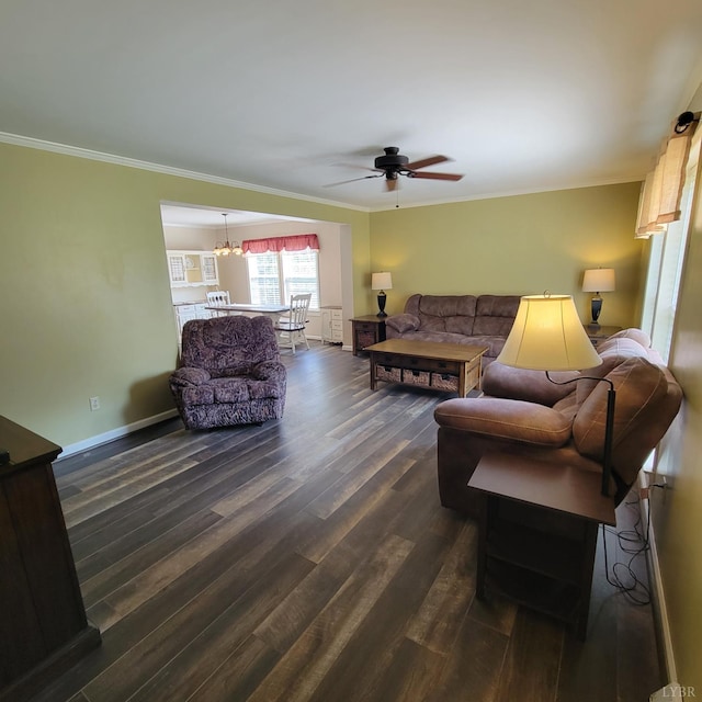 509 Meadowbrook Ln, Rustburg, VA 24588 - living area featuring a ceiling fan, dark wood-style flooring, crown molding, and a chandelier