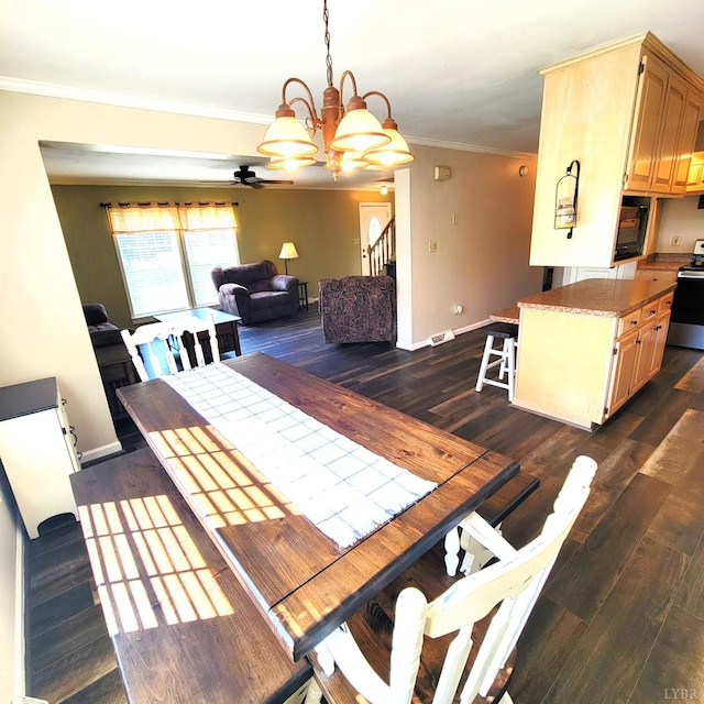 509 Meadowbrook Ln, Rustburg, VA 24588 - dining space with crown molding, dark wood-type flooring, a chandelier, and a ceiling fan