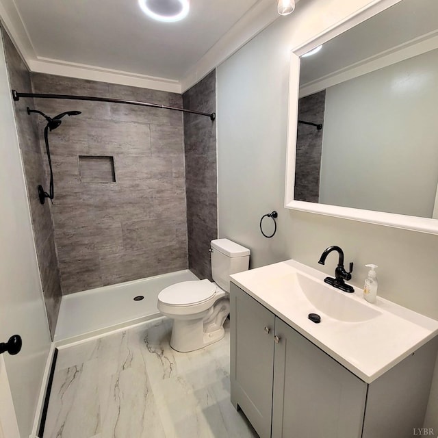 509 Meadowbrook Ln, Rustburg, VA 24588 - bathroom featuring marble finish floors, vanity, a tile shower, and crown molding