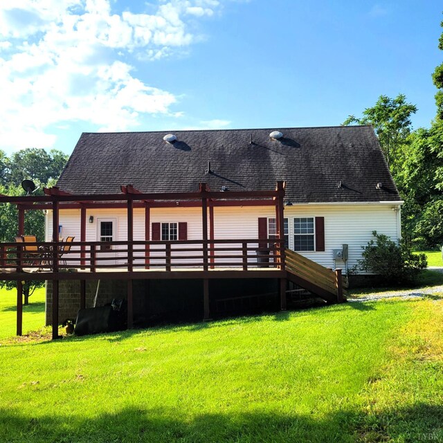509 Meadowbrook Ln, Rustburg, VA 24588 - rear view of property featuring a wooden deck, a yard, a pergola, and roof with shingles
